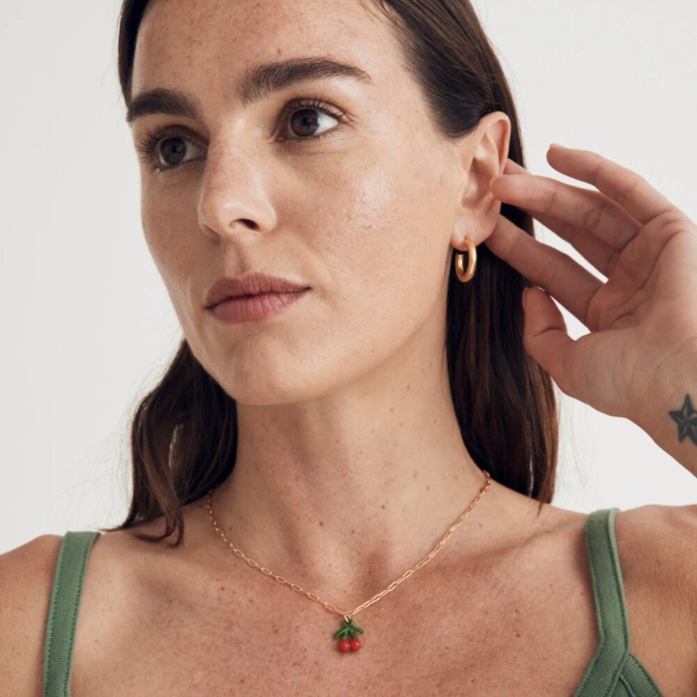Madewell Enamel Cherry Pendant Necklace Boho Summer Classic Coral